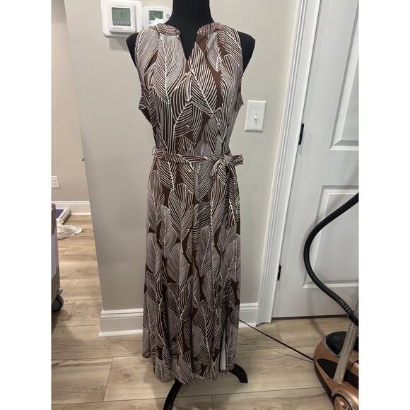 Talbots Jersey Shirtdress Linear Palms Neutral Boho Tie Packable Brown Medium - Picture 1 of 9